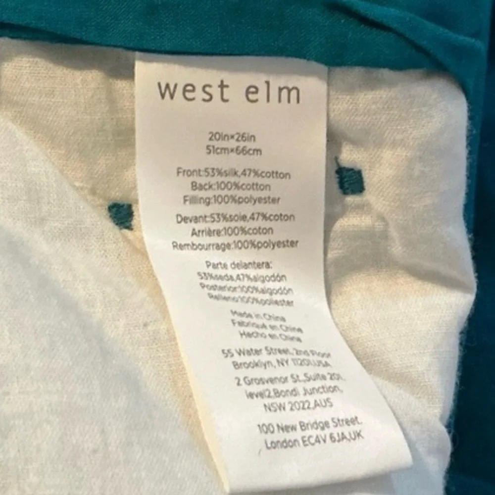 West Elm Washed Silk Standard Shams, Set of Two Teal, Crescent Stitch